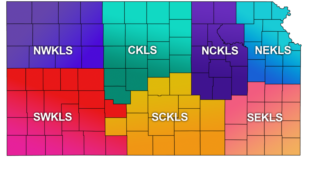 Map of Kansas with Regional Library System boundaries